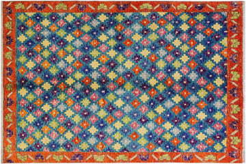 handmade Geometric Balouchi Teal Orange Hand Knotted RECTANGLE 100% WOOL area rug 5' x 7'
